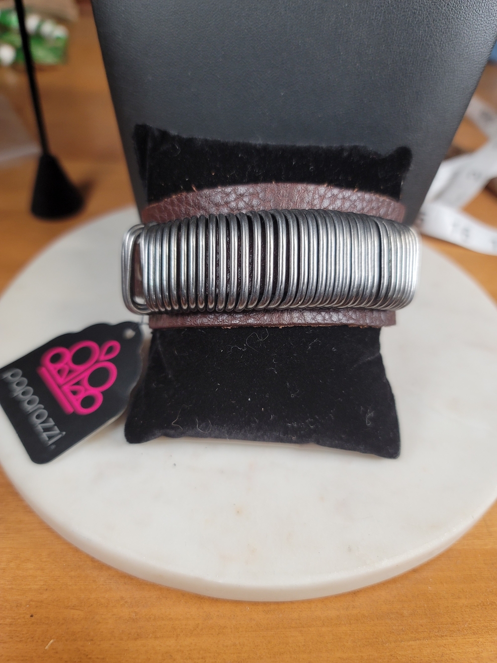 paparazzi Silver Coil Accent Brown Leather Wrap Bracelet
